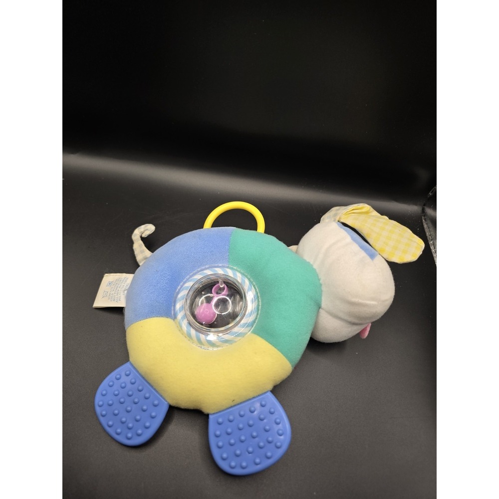 Vintage Oshkosh Baby B'gosh Puppy Dog Blue Gingham Ears Rattle Plush - Picture 3 of 3